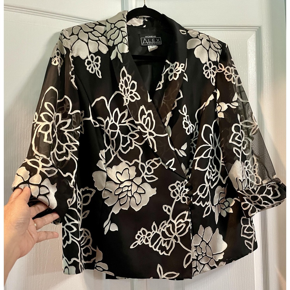 Alex Evenings Jacket Womens 1X Black Floral Sheer Chiffon 3/4 Sleeve Party
